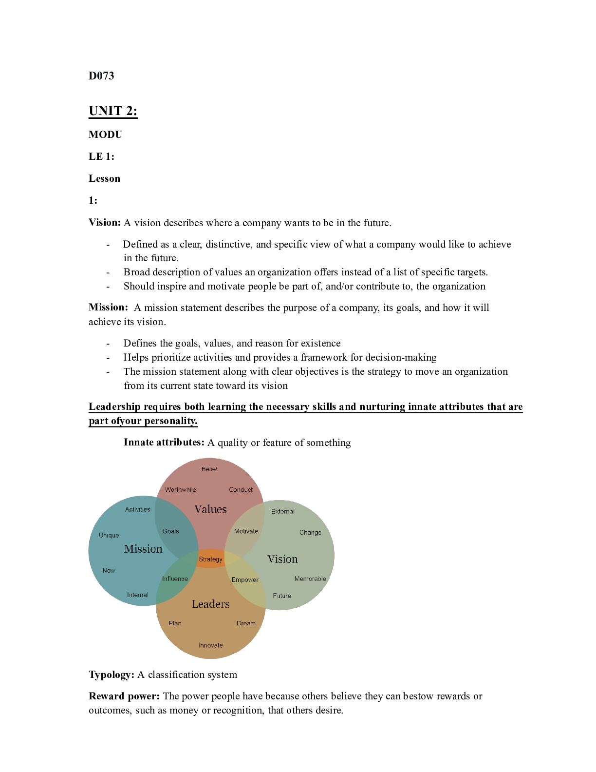 Preview of D073 Notes.docx  D073  UNIT 2:  MODULE 1: Lesson 1:  Vision: A vision describes where a co